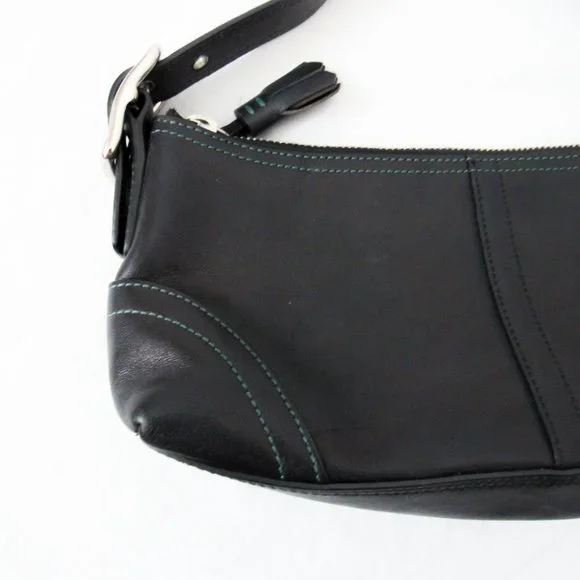 VINTAGE 90S COACH Leather Satchel Mini /Black W/ Green Stitching Chic & Sleek~ - Picture 4 of 11